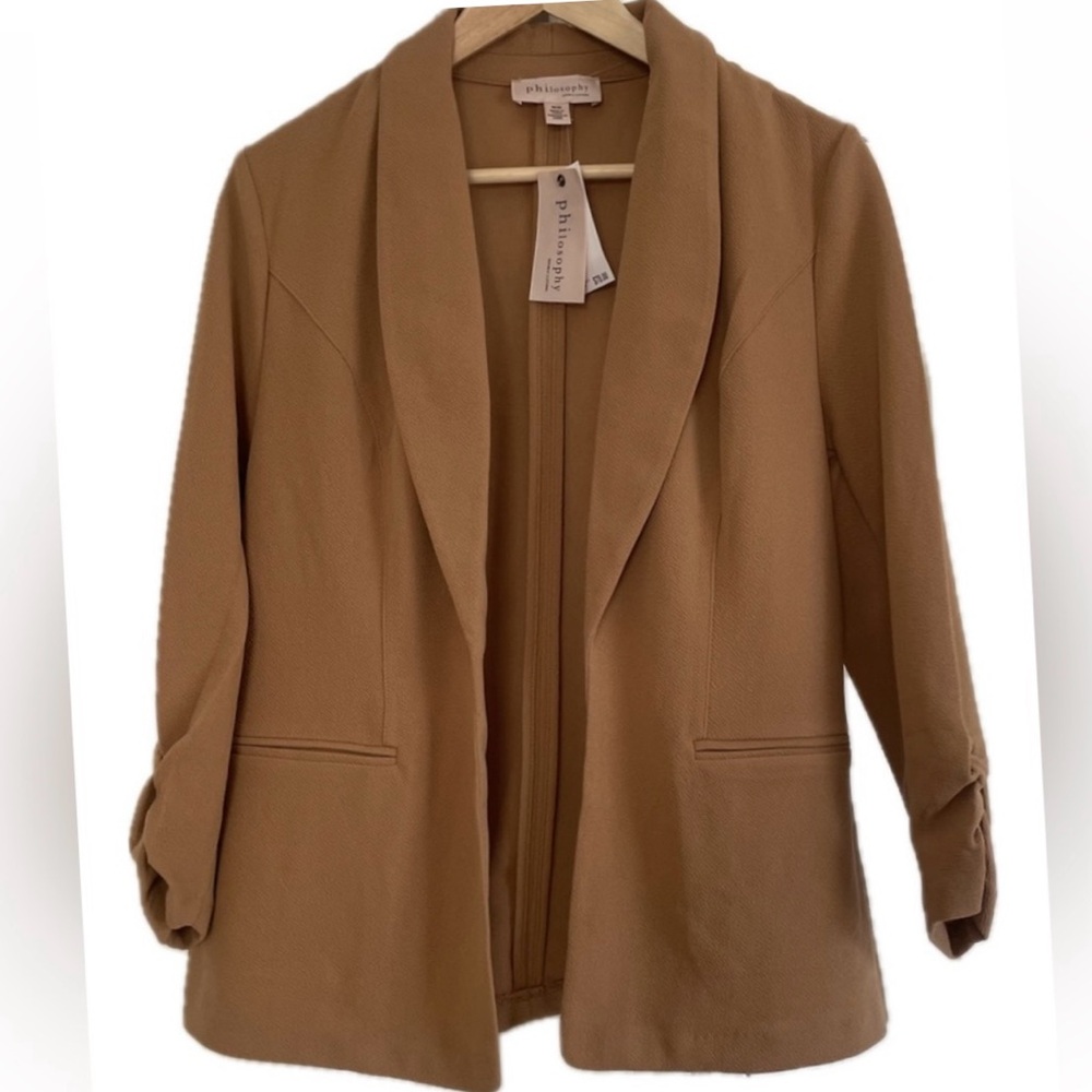 NWT Philosophy Lightweight Open Blazer Ruched Sleeves Textured, Tan